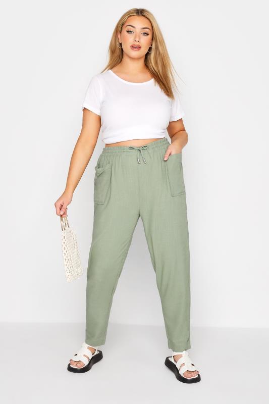 Plus Size Khaki Green Linen Blend Joggers | Yours Clothing  2