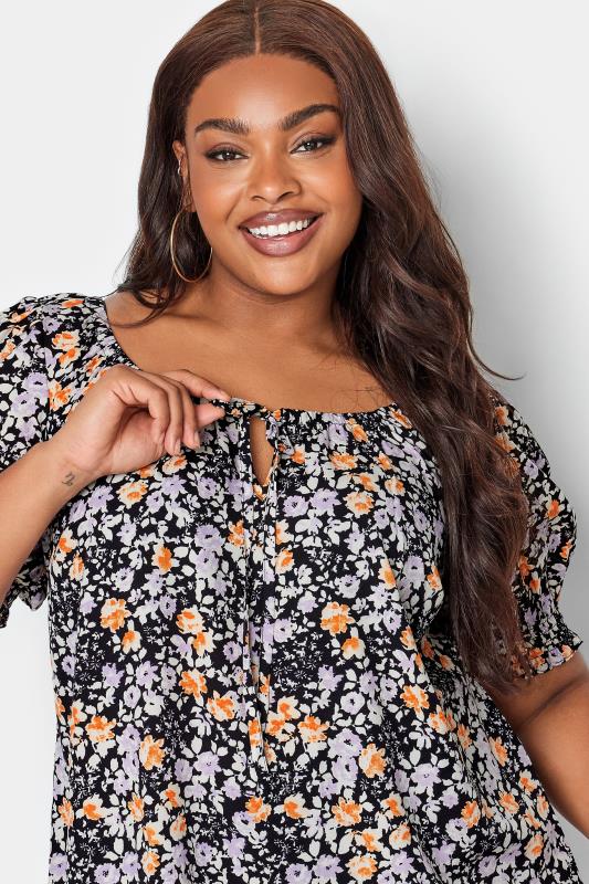 YOURS Plus Size Black & Orange Floral Print Tie Front Top | Yours Clothing 4