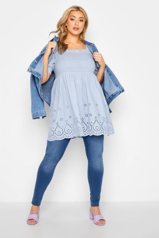 Plus Size Blue Shirred Broderie Anglaise Top | Yours Clothing 2