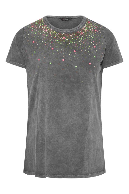 Curve Grey Acid Wash Stud Embellished T-Shirt 6