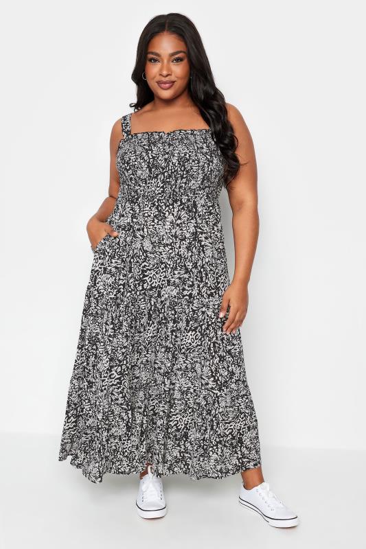 YOURS Plus Size Black Abstract Print Shirred Maxi Dress | Yours Clothing 2