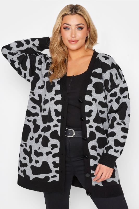 Plus Size  Curve Black & Grey Print Knitted Cardigan
