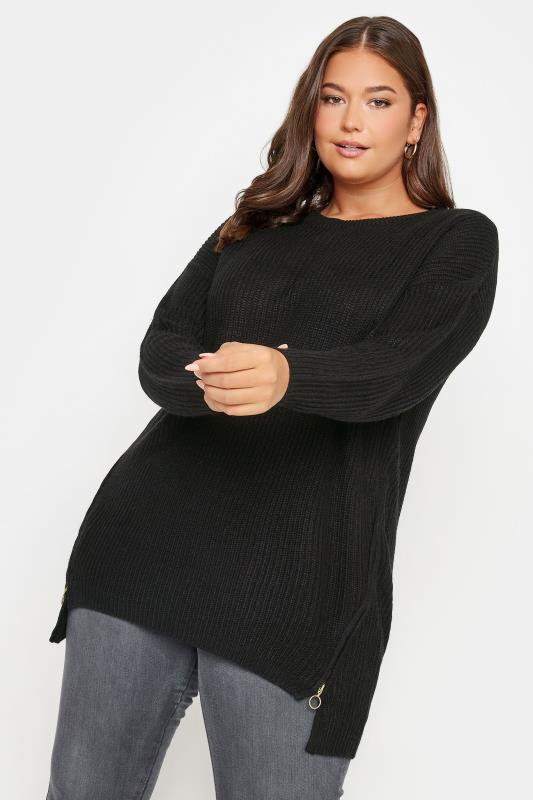 YOURS Plus Size Black Side Zip Knitted Jumper | Yours Clothing 1