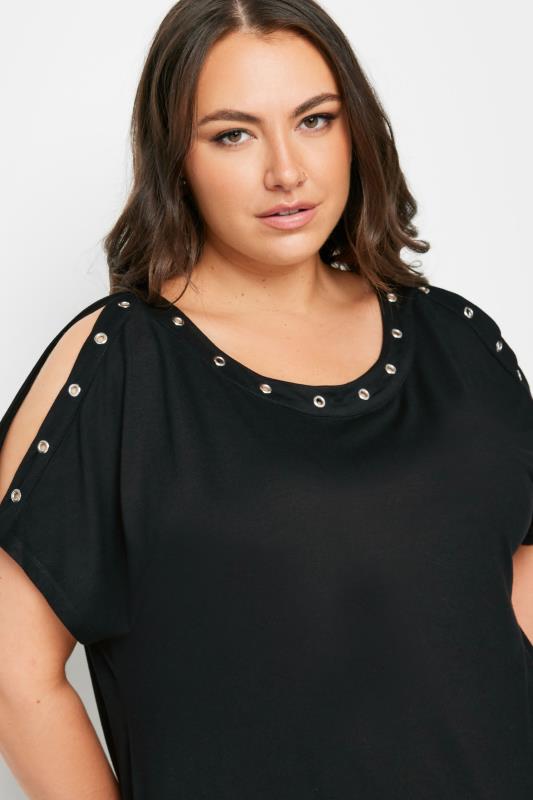 YOURS Plus Size Black Eyelet Detail Cold Shoulder Top | Yours Clothing 4