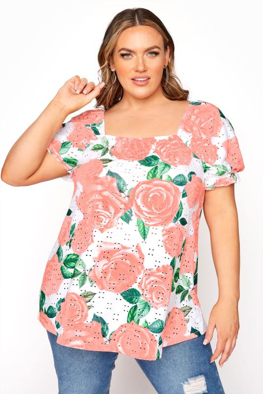 dla puszystych LIMITED COLLECTION Coral Pink Rose Print Broderie Anglaise Top