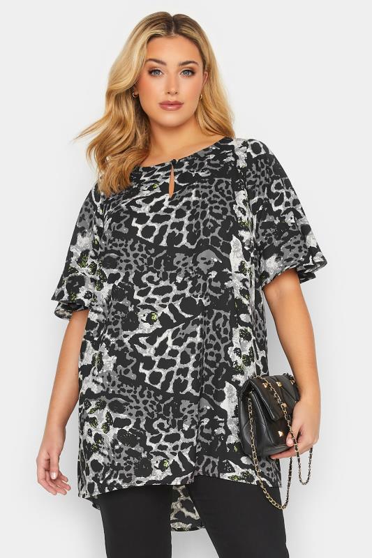 Plus Size Grey Animal Print Frill Sleeve Blouse | Yours Clothing 1