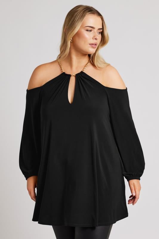  Tallas Grandes YOURS LONDON Curve Black Chain Detail Cold Shoulder Top