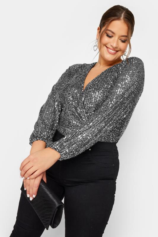  Grande Taille YOURS LONDON Curve Silver Sequin Embellished Wrap Bodysuit