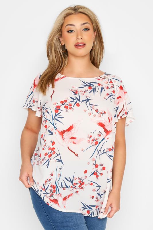 Plus Size White Floral Frill Shoulder Top | Yours Clothing 1