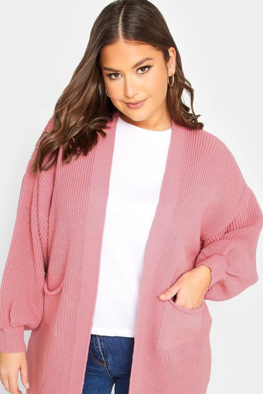 YOURS Plus Size Curve Pink Longline Pocket Balloon Sleeve Knit Cardigan | Yours Clothing  4