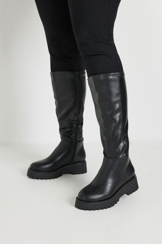 Black Faux Leather Chunky Knee High Boots In Wide E Fit & Extra Wide EEE Fit | Yours Clothing 1