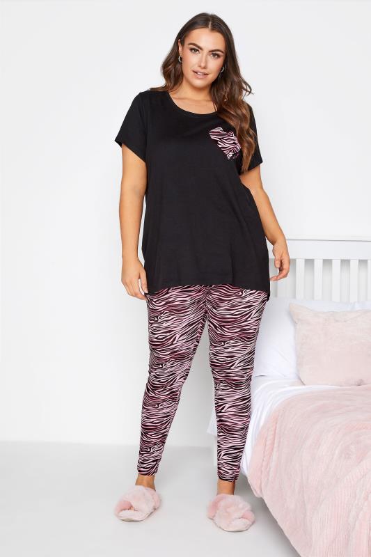 Plus Size  Curve Black & Pink Zebra Print Pyjama Set