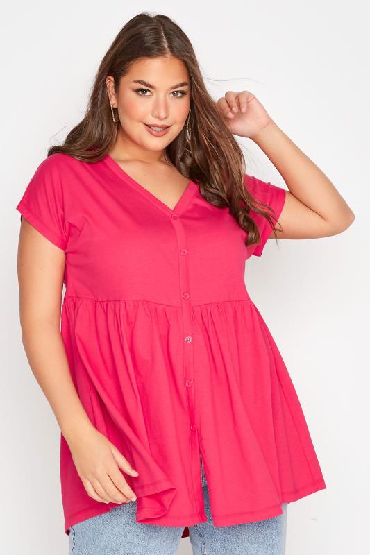 Plus Size  YOURS Curve Bright Pink Button Through Smock Top