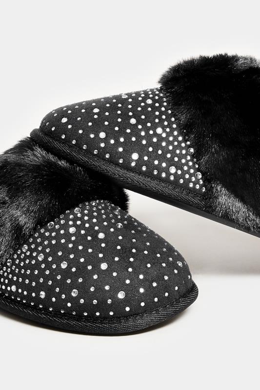 Black Faux Fur Diamante Embellished Mule Slippers In Extra Wide EEE Fit | Yours Clothing 5