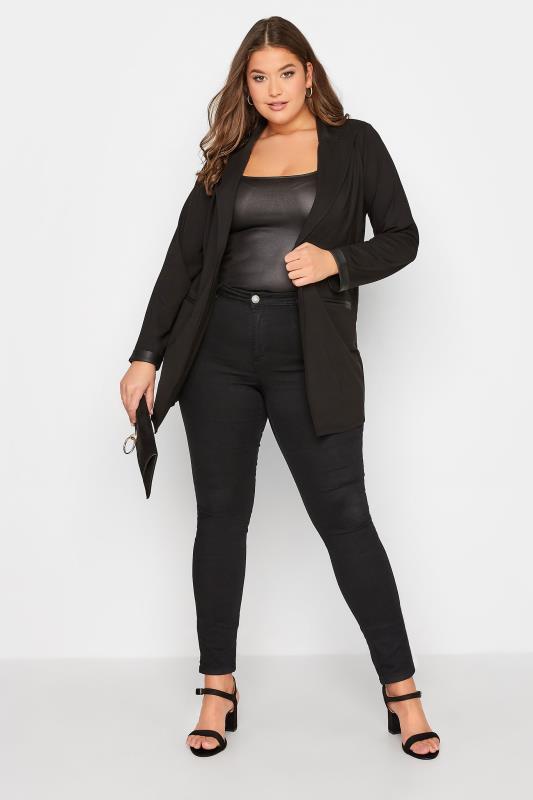 Plus Size Black Faux Leather Detail Blazer | Yours Clothing 2