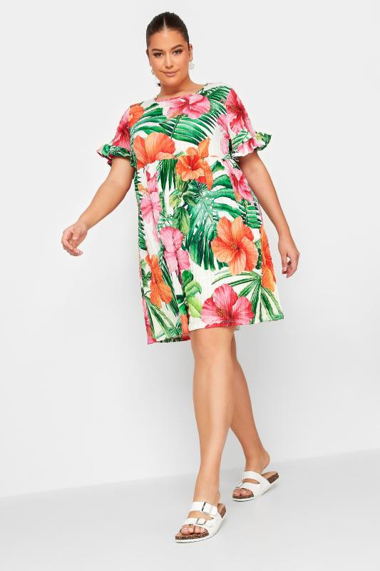 YOURS Curve White Tropical Floral Print Smock Tunic Dress | Yours Clothing 2