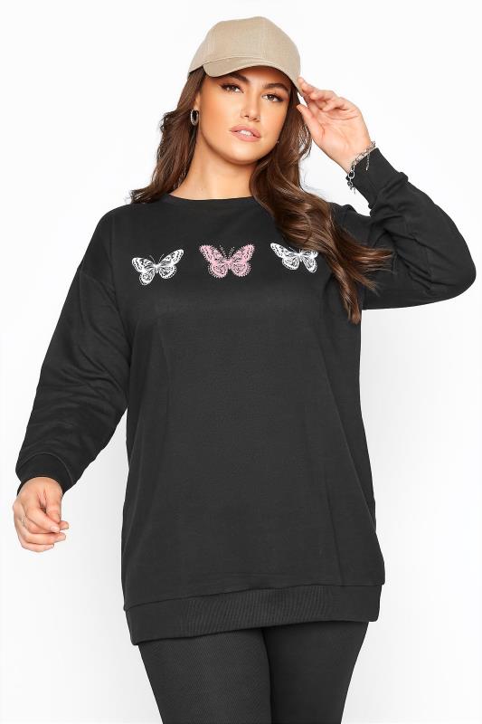 Plus Size  Black Crew Neck Butterfly Stud Sweatshirt