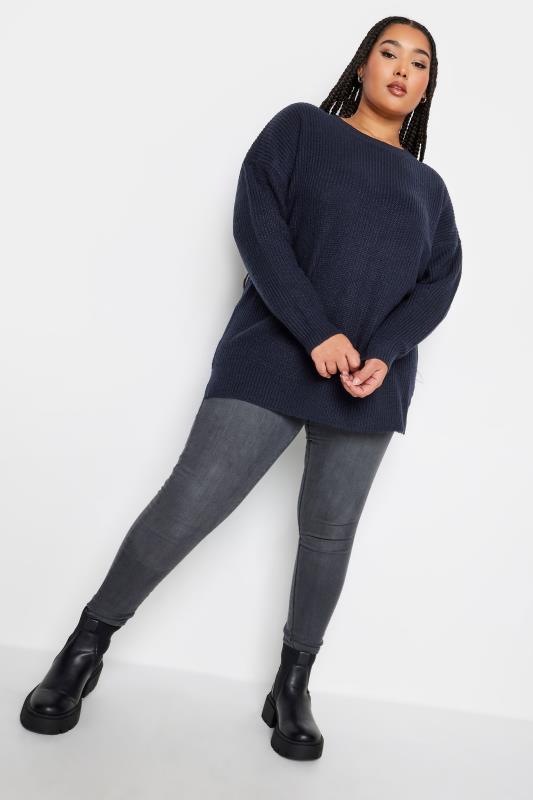 YOURS Plus Size Navy Blue Drop Shoulder Knitted Jumper | Yours Clothing 2