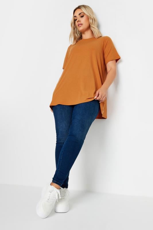 YOURS Plus Size Orange Ribbed Short Sleeve T-Shirt | Yours Clothing 2