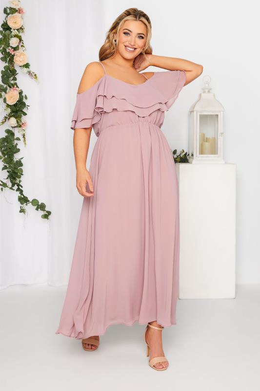 Plus Size YOURS LONDON Curve Dusky Pink Bardot Ruffle Bridesmaid Maxi Dress | Yours Clothing  2