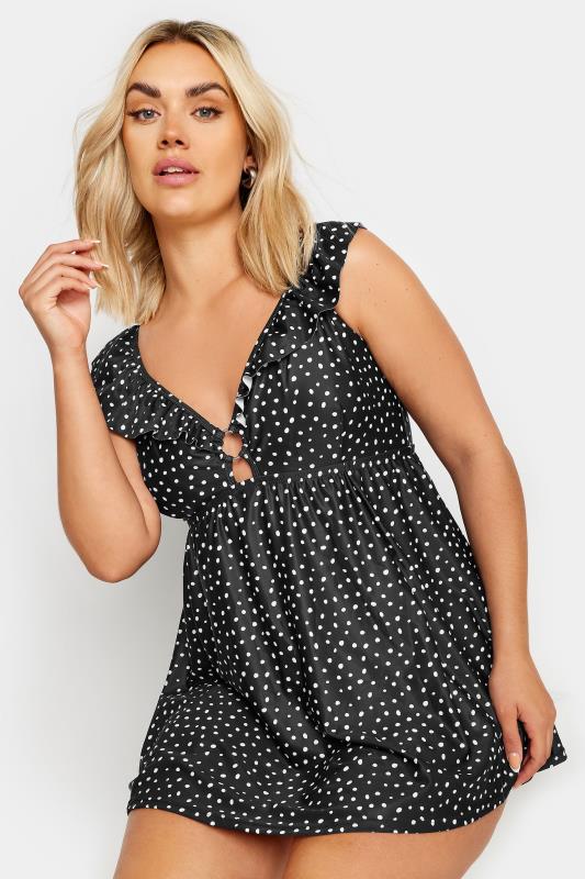 YOURS Plus Size Black Spot Print Frill Swimdress | Yours Clothing 1