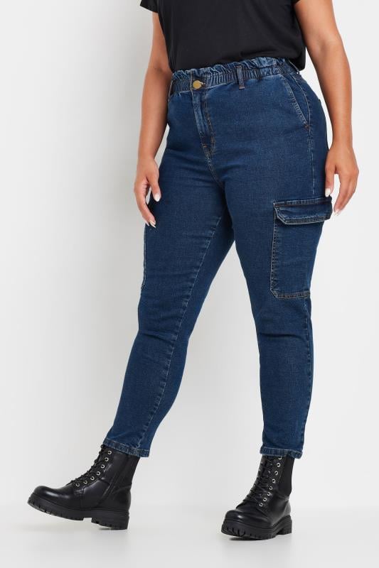 YOURS Curve Plus Size Dark Blue Cargo Mom Jeans | Yours Clothing  1