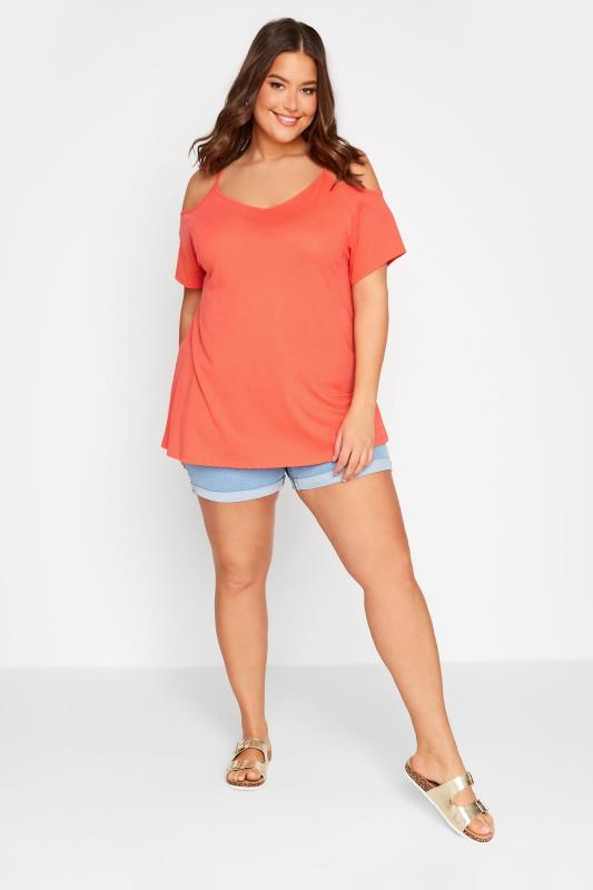 YOURS Plus Size Curve Coral Orange Cold Shoulder T-Shirt