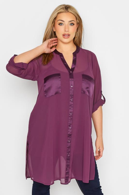 YOURS LONDON Plus Size Purple Satin Pocket Shirt | Yours Clothing 1