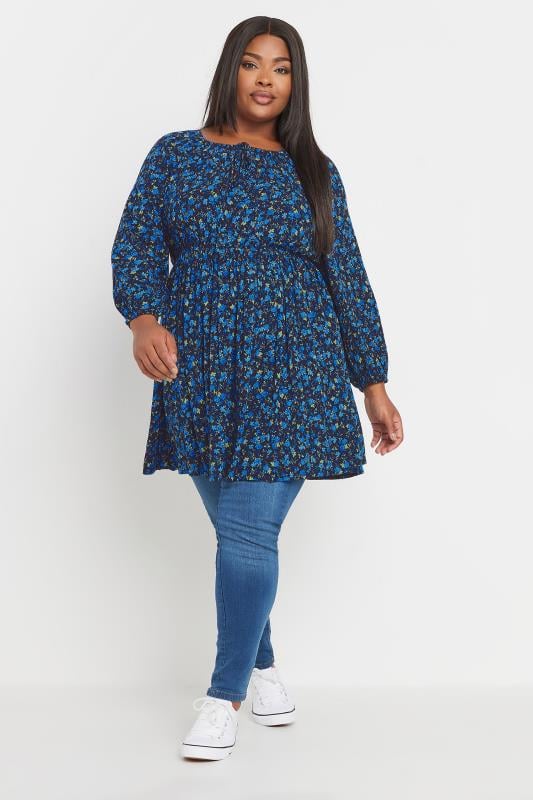 YOURS Plus Size Navy Blue Floral Crinkle Tie Neck Blouse | Yours Clothing  3