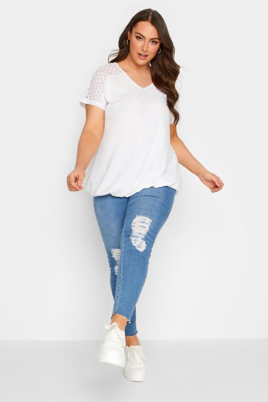 YOURS Plus Size White Lace Sleeve Bubble Hem T-Shirt | Yours Clothing 2