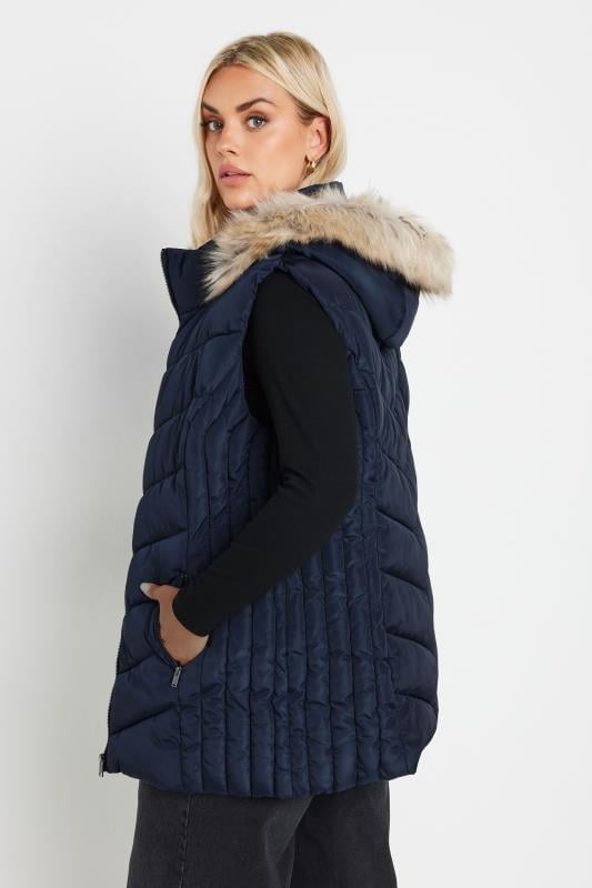 YOURS Plus Size Navy Blue Faux Fur Trim Padded Gilet | Yours Clothing 4