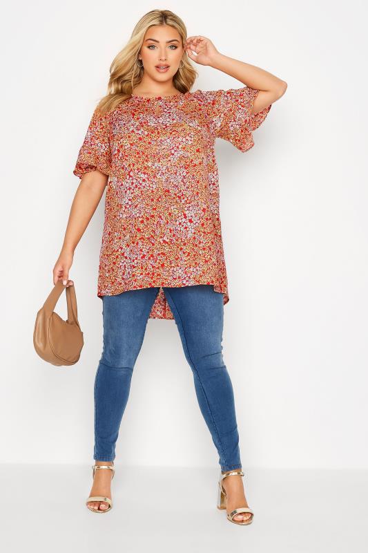 Plus Size Red Ditsy Print Frill Sleeve Keyhole Top | Yours Clothing 2