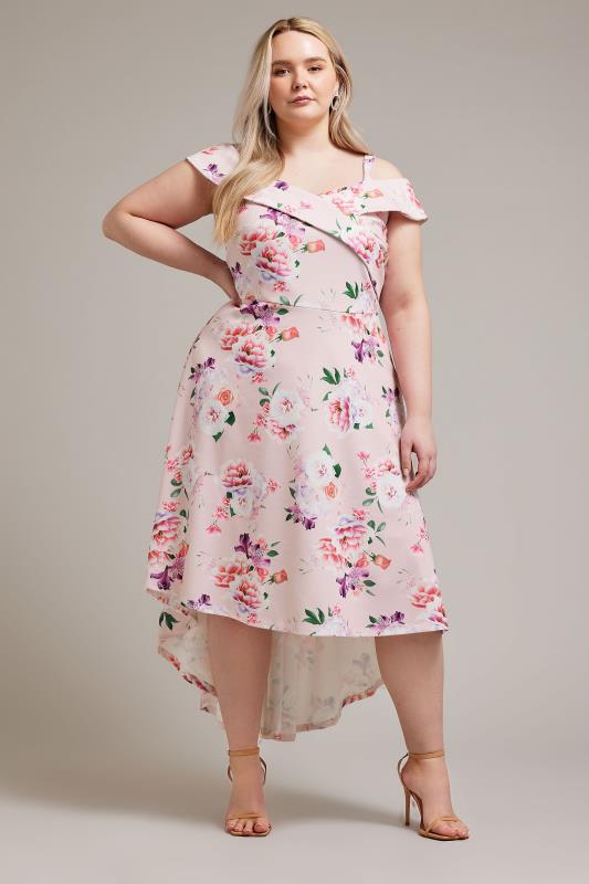 YOURS LONDON Plus Size Pink Floral Print Bardot Dress | Yours Clothing 1