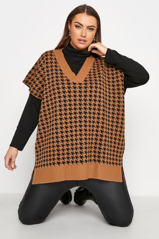 Plus Size  Brown Dogtooth Jacquard Knitted Vest