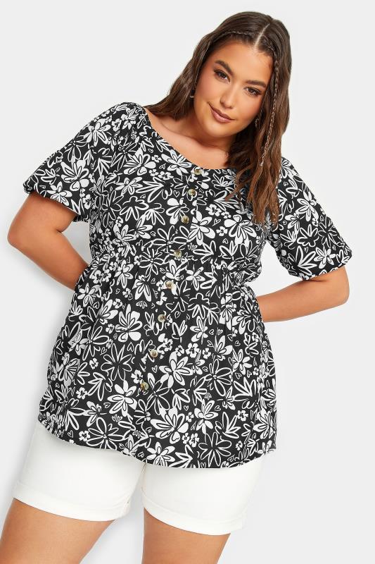 LIMITED COLLECTION Plus Size Black Floral Print Button Through Top | Yours Clothing 2
