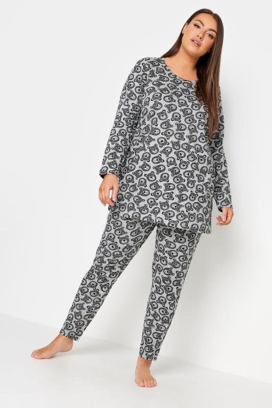 YOURS Plus Size Grey Bear Print Tapered Pyjama Set | Yours Clothing 2