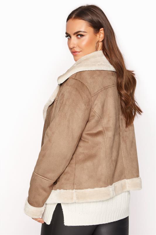 Plus Size Beige Brown Faux Fur Trim Aviator Jacket | Yours Clothing 3