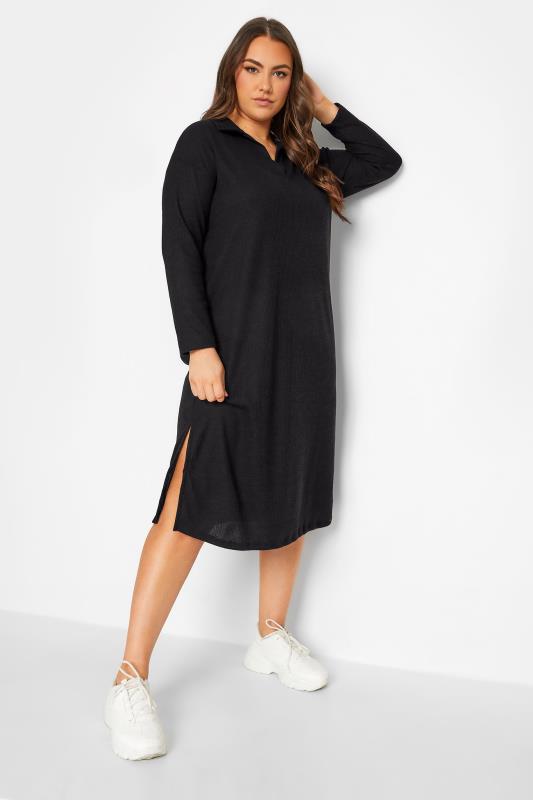 Plus Size Black Soft Touch Open Collar Midi Dress | Yours Clothing  3
