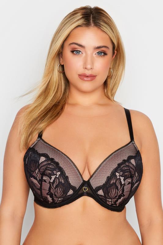 Black & Pink Heart Detail Plunge Padded Bra | Yours Clothing 1