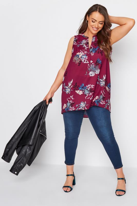 Curve Berry Red Floral Print Pleat Detail Top 2