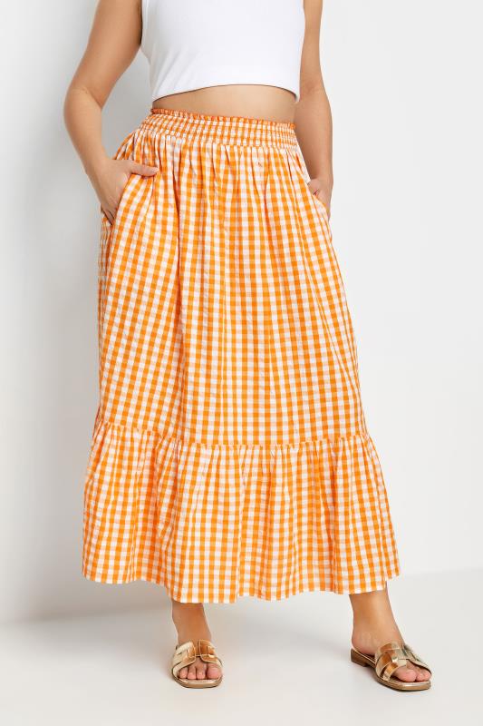YOURS Plus Size Orange Gingham Tiered Pure Cotton Midi Skirt | Yours Clothing 3