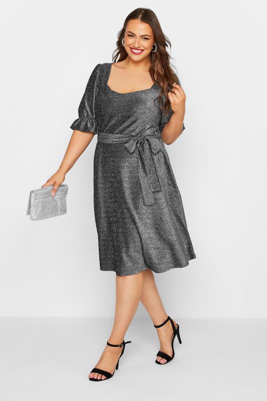 YOURS LONDON Plus Size Silver Glitter Puff Sleeve Midi Dress | Yours Clothing 2