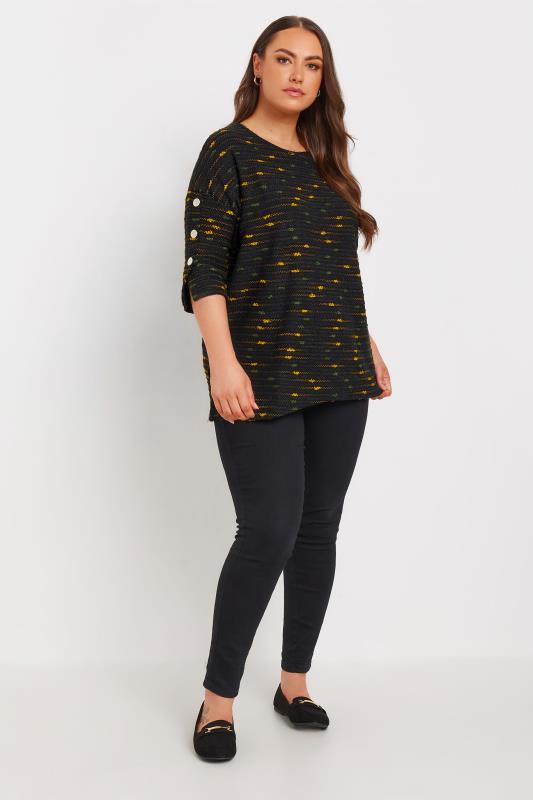 YOURS Plus Size Black & Yellow Textured Button Sleeve Top | Yours Clothing 2