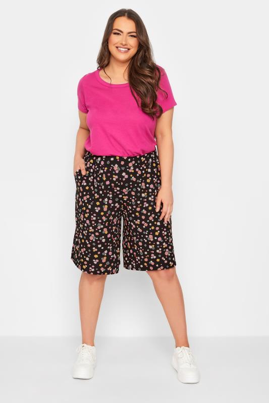 YOURS Curve Plus Size Black & Pink Ditsy Floral Print Jersey Shorts | Yours Clothing  2