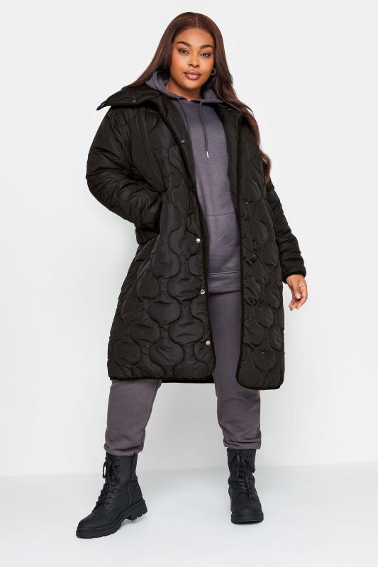 YOURS Plus Size Black Quilted Funnel Neck Coat | Yours Clothing 1