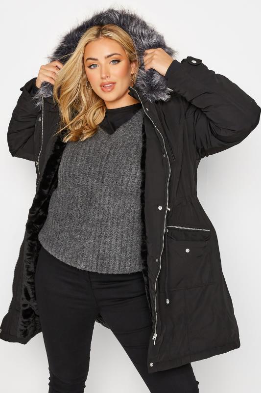 Plus Size  Curve Black Plush Fur Trim Parka Coat