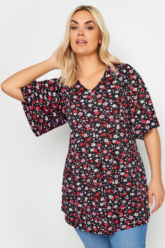  Grande Taille YOURS Curve Black Floral Pleated Swing Top