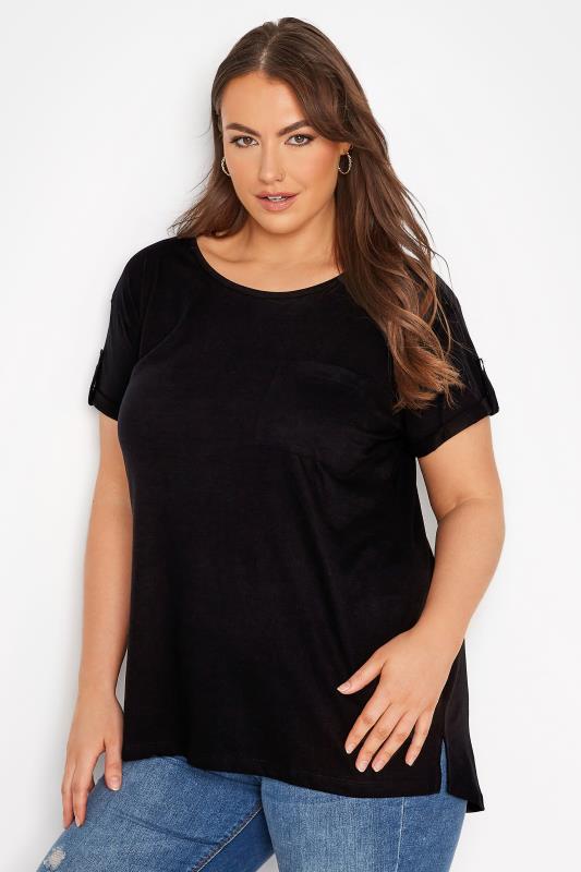 Plus Size Black Pocket Dipped Hem T-Shirt | Yours Clothing 1