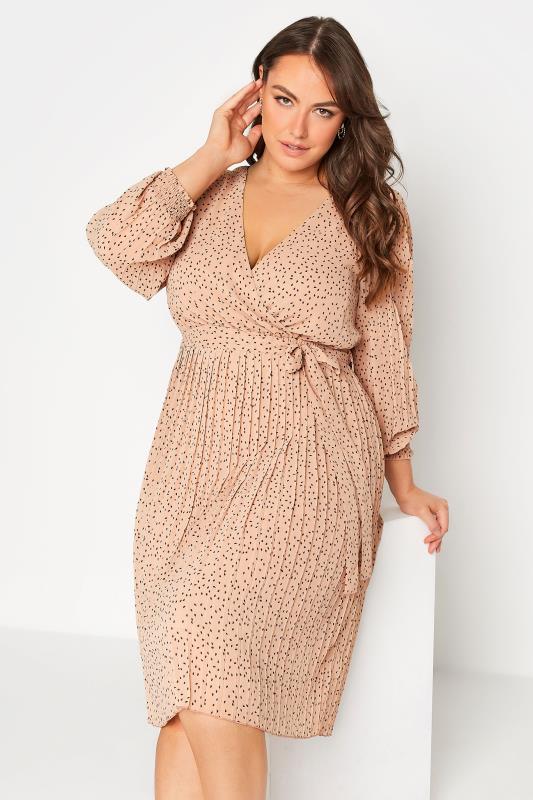 YOURS LONDON Plus Size Beige Brown Spot Print Pleated Wrap Dress | Yours Clothing 4