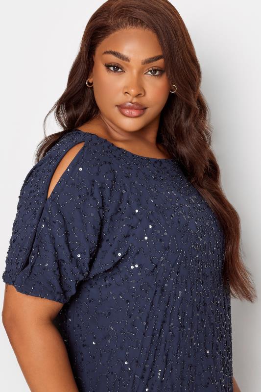 LUXE Plus Size Blue Sequin Hand Embellished Cape Dress | Yours Clothing 4